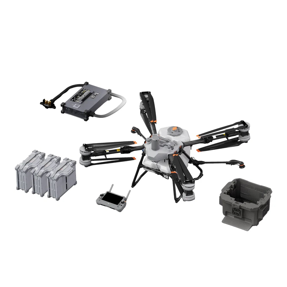A DJI Agras T100 package with dual-channel charger, batteries, controller and spread hopper