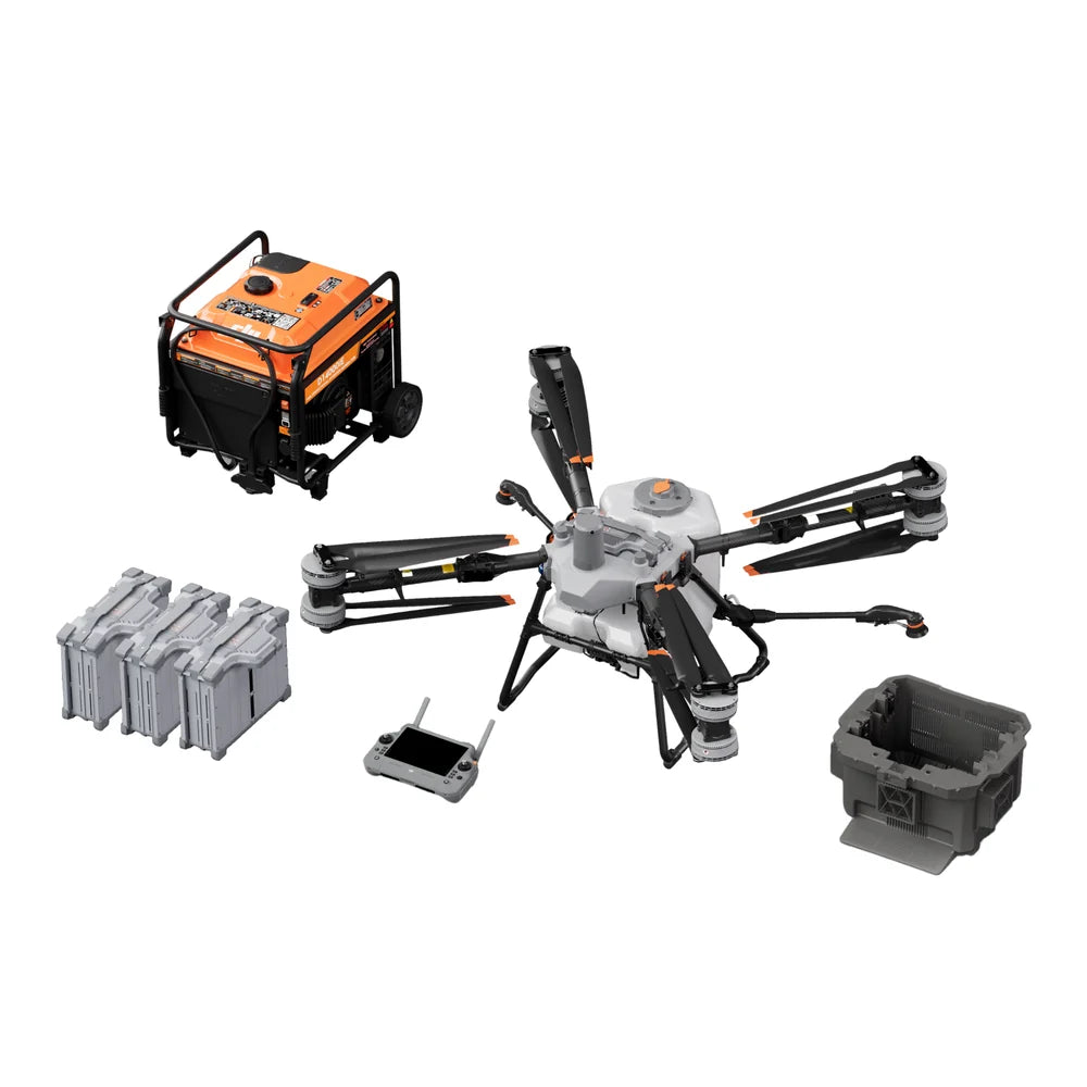 A DJI Agras T100 package with field generator, batteries, controller and spread hopper
